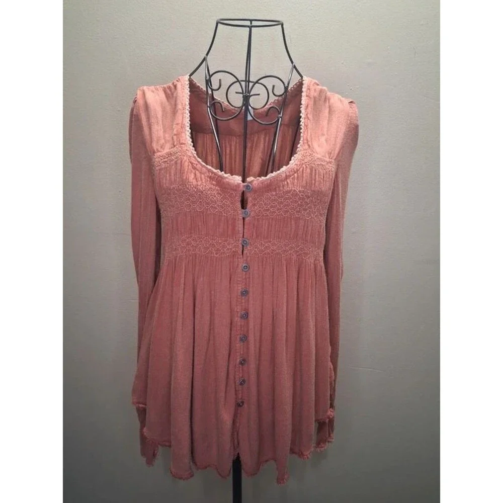 Y2K Vintage Smocked Peasant Tunic Top S/P Rose Brown Boho